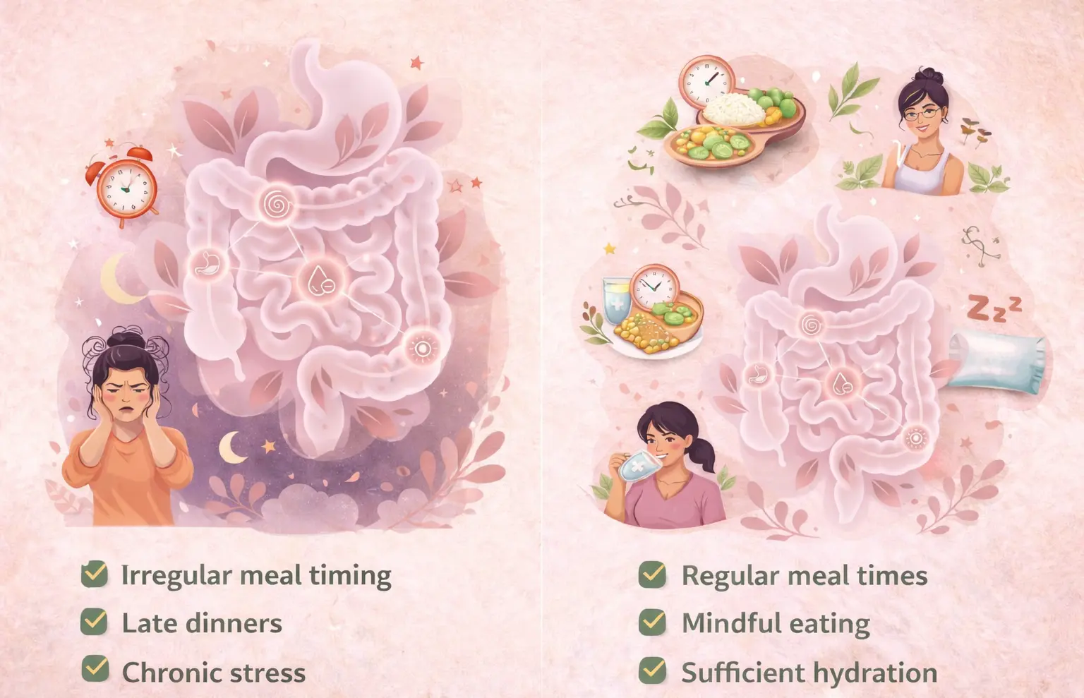 Comparison of daily habits affecting digestive health, showing stress, irregular meals versus mindful eating and balanced routines.